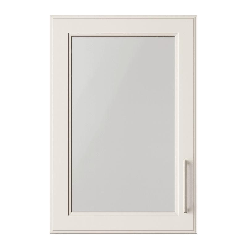 Glass front door adding elegance to bathroom linen towers and medicine cabinets